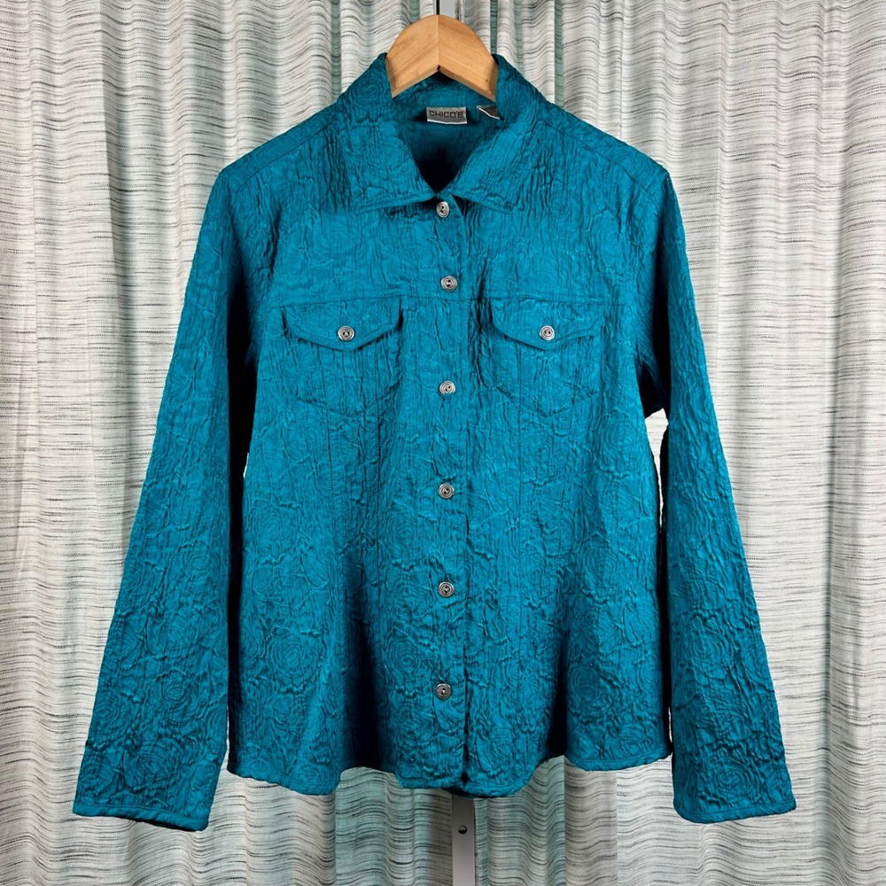 Chico's Button Up Jacket Teal Blue‎ Womens Size 2 Textured Matelasse EUC